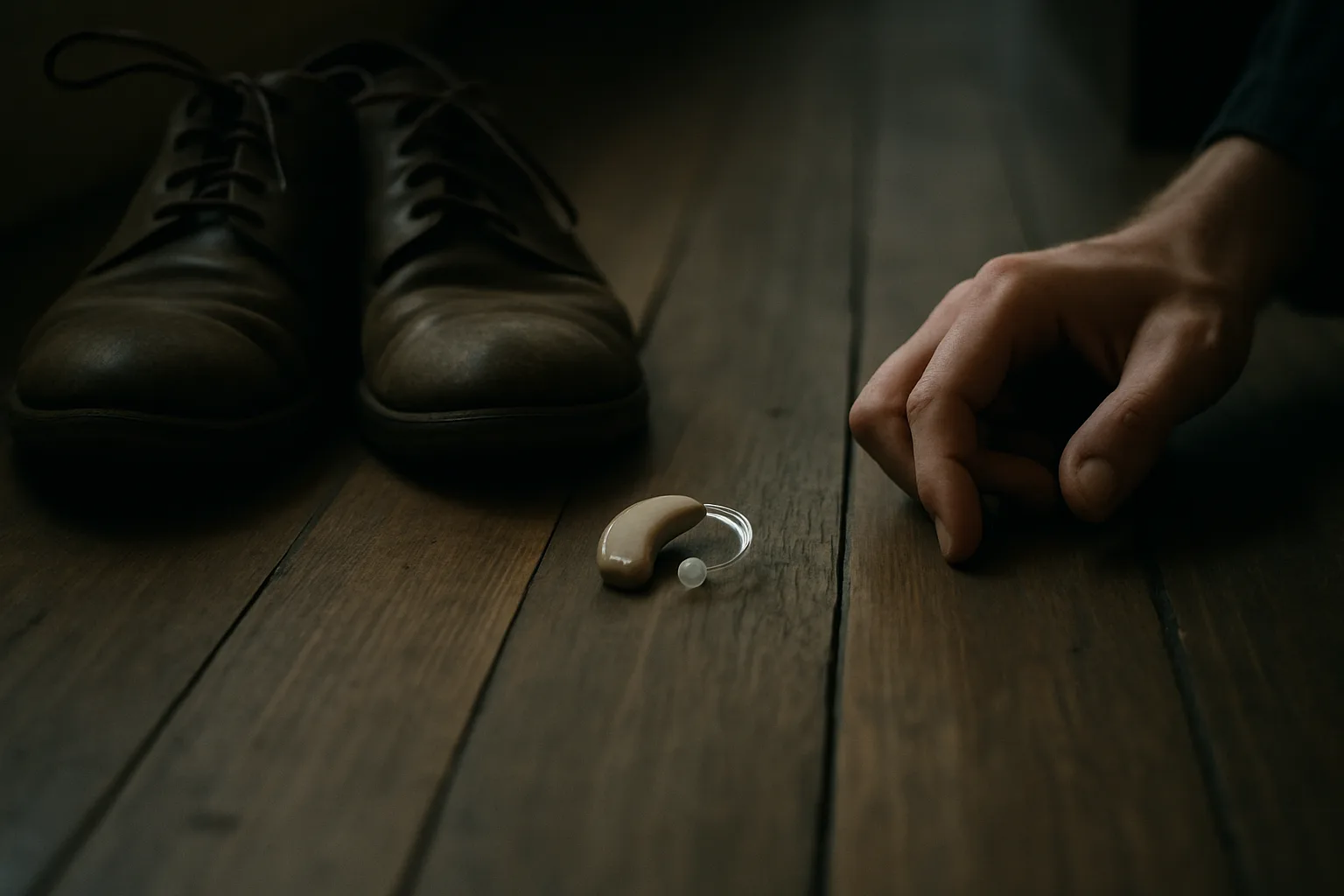 Une aide auditive posée près de chaussures sur un plancher, dans une pièce silencieuse.