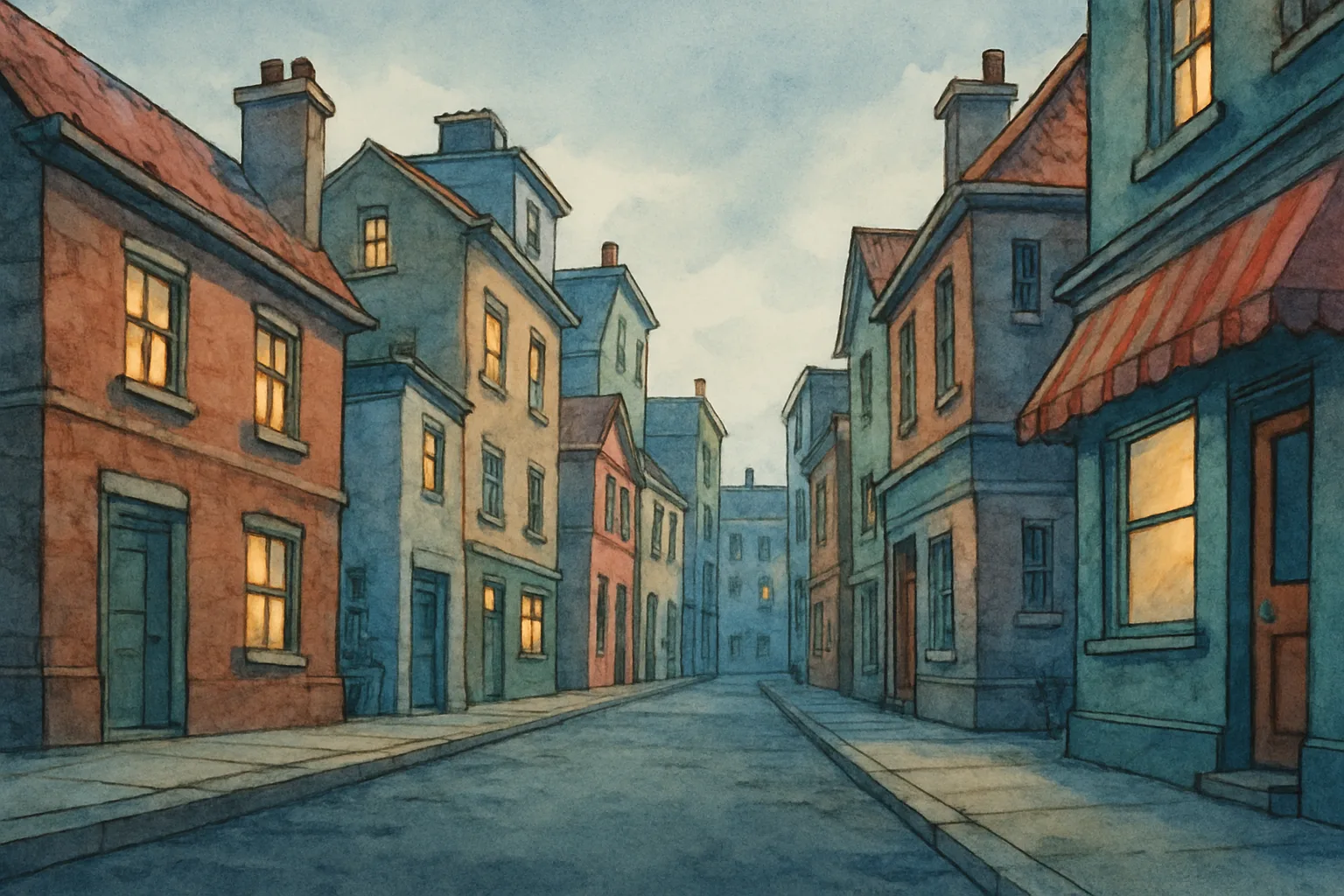 Rue miniature aux façades dessinées, vue depuis une perspective basse.