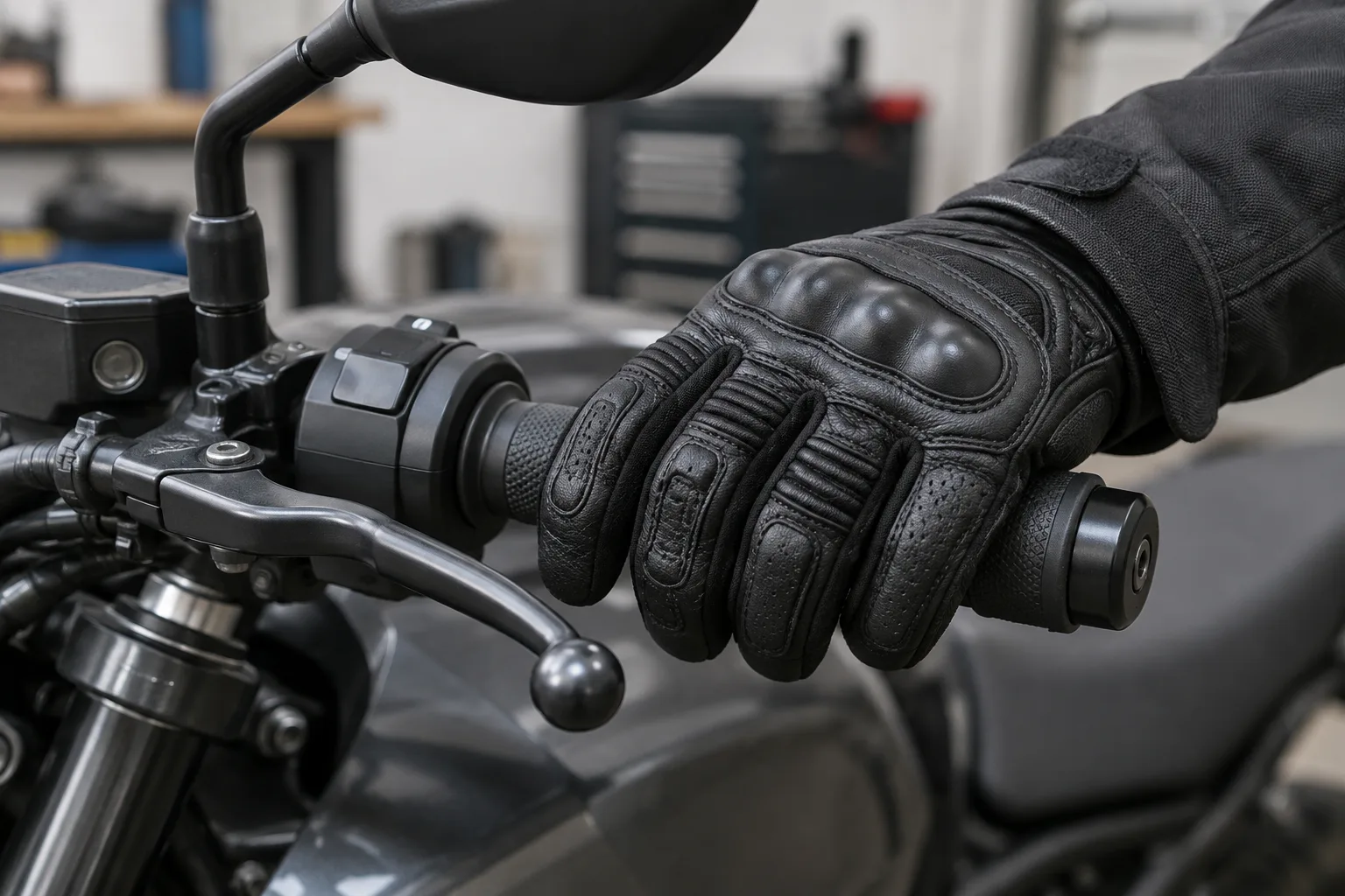 Une main gantée posée sur le guidon d’une moto, près des commandes.