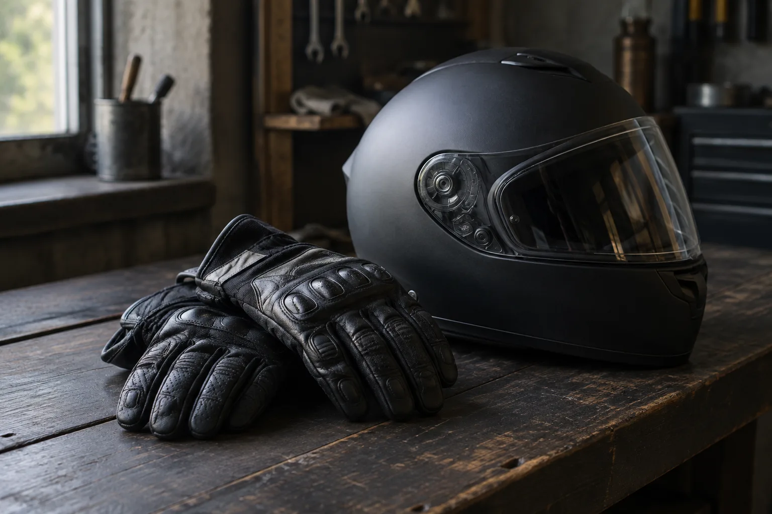 Une paire de gants de moto posée près d’un casque dans un atelier éclairé par la lumière naturelle.